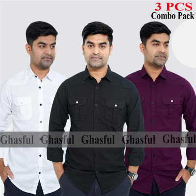 Long Sleeve Double Pocket Oxford Shirt _Black _White _ Purpale