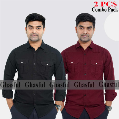 Long Sleeve Double Pocket Oxford Shirt_ Black_ Merun