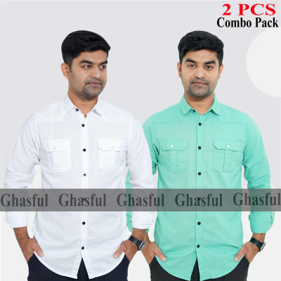 Long Sleeve Double Pocket Oxford Shirt_ White & Pest