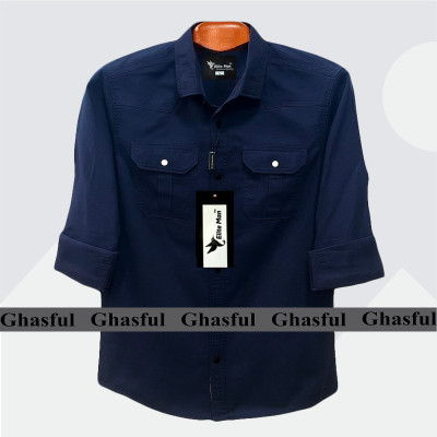 Long Sleeve Double Pocket Oxford Shirt_ Nevy Blue