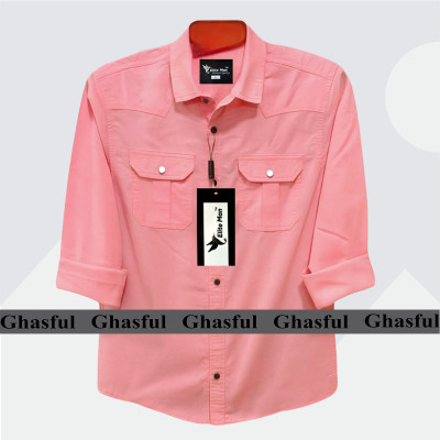 Long Sleeve Double Pocket Oxford Shirt_Pink