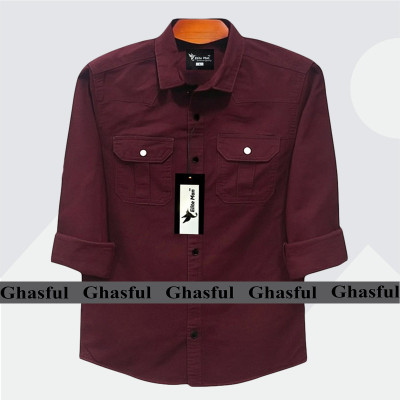 Long Sleeve Double Pocket Oxford Shirt_ Merun