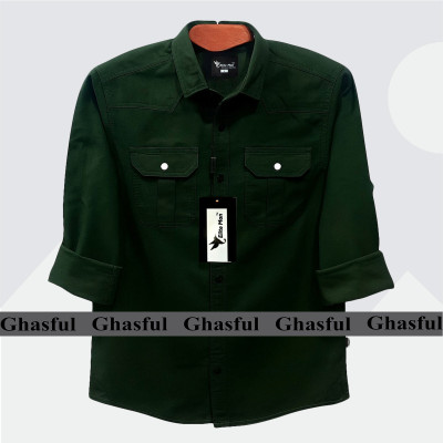 Long Sleeve Double Pocket Oxford Shirt_ Green