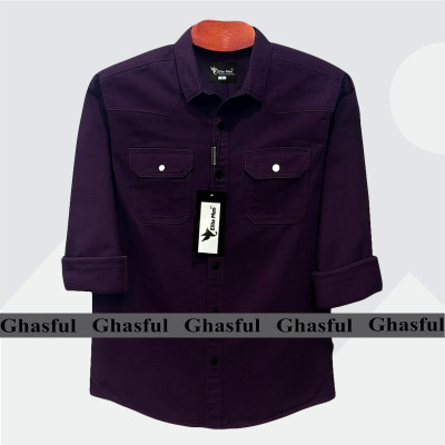 Long Sleeve Double Pocket Oxford Shirt_ Purple