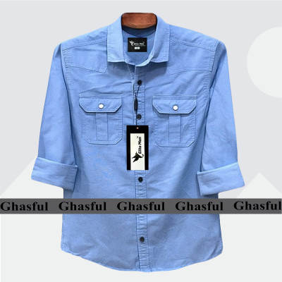 Long Sleeve Double Pocket Oxford Shirt_ Sky