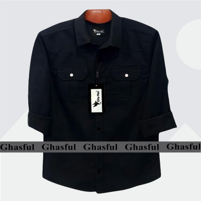 Long Sleeve Double Pocket Oxford Shirt_ Black