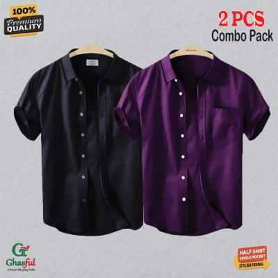 Oxford Cotton Febric Short Sleeve Shirt _ Purpale _Black .