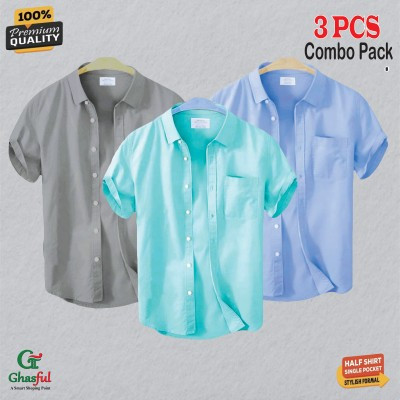 Oxford Cotton Febric Short Sleeve Shirt _Ash _Pest _ Sky.