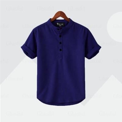 Oxford Cotton Fabrics Short Sleeve Katua For Men's_ Navy Blue