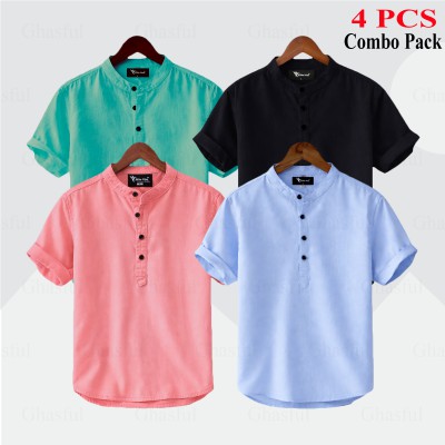 Oxford Cotton Fabrics Short Sleeve Katua For Men's_ Black_ Pink_ Sky Blue _ Pest.