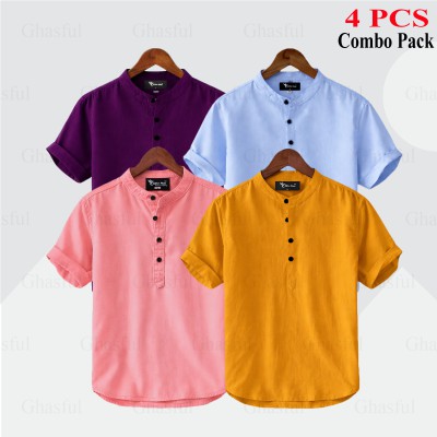Oxford Cotton Fabrics Short Sleeve Katua For Men's_ Kathali_ Purpale _ Pink_ Sky Blue.