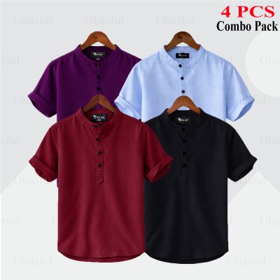 Oxford Cotton Fabrics Short Sleeve Katua For Men's_ Purpale_ Merun _ Sky Blue_ Black.