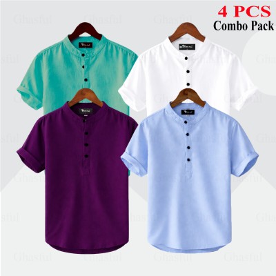 Oxford Cotton Fabrics Short Sleeve Katua For Men's_ White _ Pest_ Purpale _ Sky Blue.