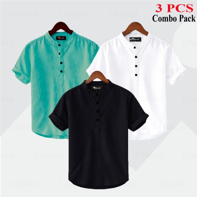 Oxford Cotton Fabrics Short Sleeve Katua For Men's_ Black _Pest _ White