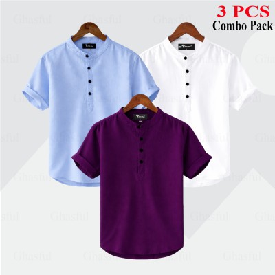 Oxford Cotton Fabrics Short Sleeve Katua For Men's_ Purpale_ Sky Blue_ White