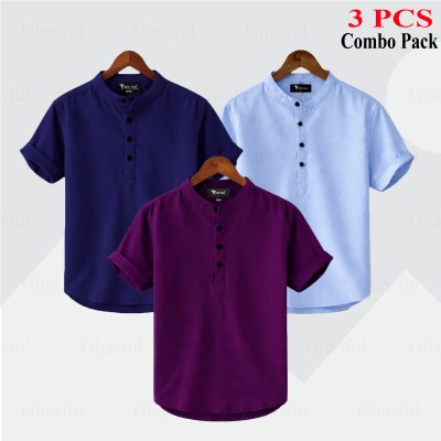 Oxford Cotton Fabrics Short Sleeve Katua For Men's_ Sky blue_ Nevy Blue _ Purpale.