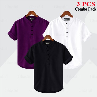 Oxford Cotton Fabrics Short Sleeve Katua For Men's_ Black_ Purpale_ White