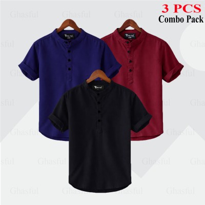 Oxford Cotton Fabrics Short Sleeve Katua For Men's_ Black _ Nevy blue _ Merun,
