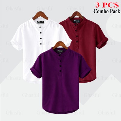 Oxford Cotton Fabrics Short Sleeve Katua For Men's_ Purpale _ White _ Merun .