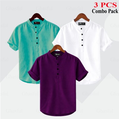 Oxford Cotton Fabrics Short Sleeve Katua For Men's_ Purpale _ Pest  _ White.