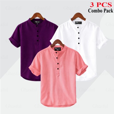 Oxford Cotton Fabrics Short Sleeve Katua For Men's_ Purpale_ White _ Pink,