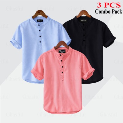 Oxford Cotton Fabrics Short Sleeve Katua For Men's_ Pink _ Sky blue _ Black .