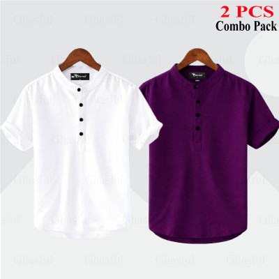 Oxford Cotton Fabrics Short Sleeve Katua For Men's_ Parpale _ White,