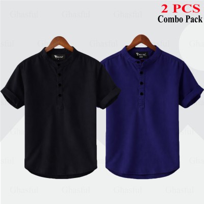 Oxford Cotton Fabrics Short Sleeve Katua For Men's_ Black_ Nevy Blue,