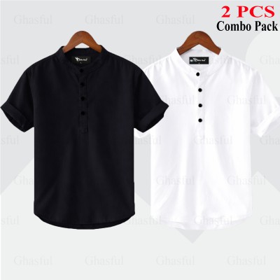 Oxford Cotton Fabrics Short Sleeve Katua For Men's_ Black _ White.