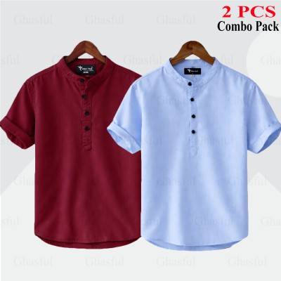 Oxford Cotton Fabrics Short Sleeve Katua For Men's_ Merun - Sky blue,