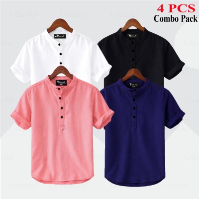 Oxford Cotton Fabrics Short Sleeve Katua For Men's_ Pink _ White_ Black_ Sky Blue,