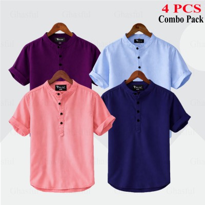 Oxford Cotton Fabrics Short Sleeve Katua For Men's_ Pink _ Purpale_ Sky blue _ Nevy blue .