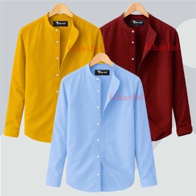 L- Sleeve Band Collar Shirt _ Sky_ Merun_ Kathali