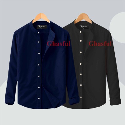 L- Sleeve Band Collar Shirt _ Navy_Black