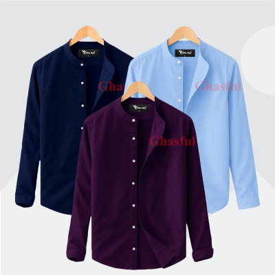 L-Sleeve Band Collar Shirt _ Navy _ Purpale _ Sky