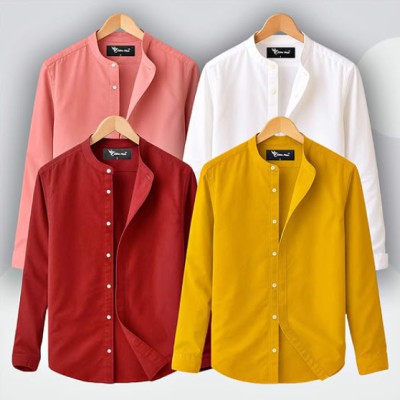 L-Sleeve Band Collar Shirt _ White _ Pink _ Purpale_ Merun