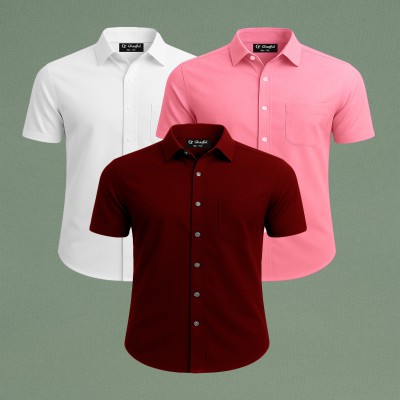 Oxford Cotton Febric Short Sleeve Shirt _ Merun _ White _ Pink