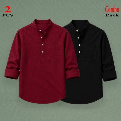 Oxford Cotton Febric Long Sleeve Katua _ Black & Merun
