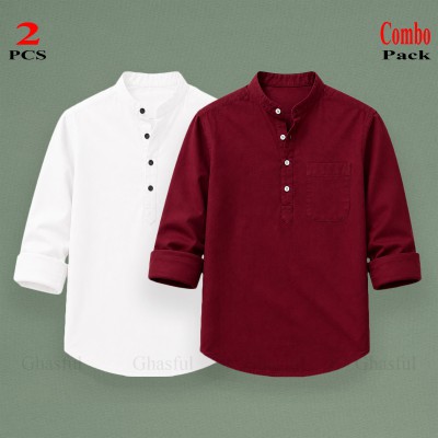 Oxford Cotton Febric Long Sleeve Katua _ White & Merun