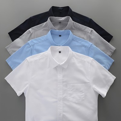 Oxford Cotton Febric Short Sleeve Shirt _ Ash _ Black _ White _ Sky